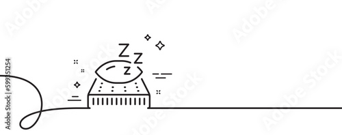 Mattress line icon. Continuous one line with curl. Night sleep bed rest sign. Pillow with zzz symbol. Mattress single outline ribbon. Loop curve pattern. Vector