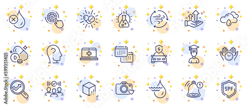 Outline set of Student, Chemistry lab and Medical drugs line icons for web app. Include Medical help, Reminder, No waterproof pictogram icons. Rainy weather, Analysis graph. Vector