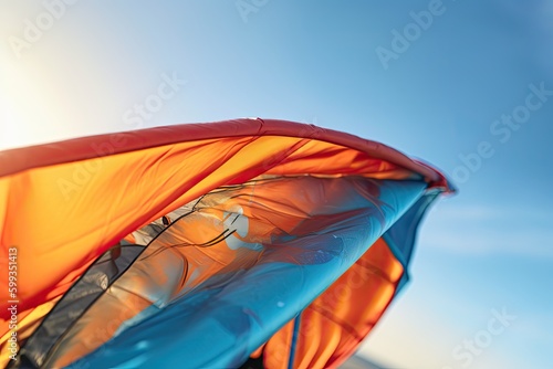 Lonely sail kite windsurfing against the blue sky, Spain. Beautiful sail for kitesurfing on the control bar. Active water sports with risks created with Generative AI technology