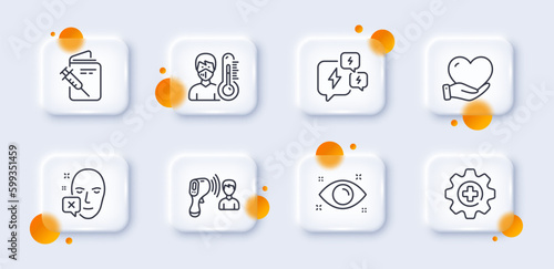Thermometer, Vaccination passport and Stress line icons pack. 3d glass buttons with blurred circles. Volunteer, Electronic thermometer, Face declined web icon. Medicine, Health eye pictogram. Vector