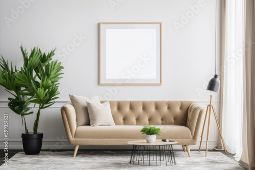 Scandinavian Living Room Elegance with Blank Poster Frame and Lush Greenery © Georg Lösch