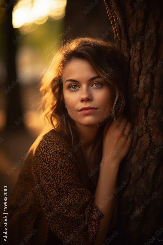 Fototapeta premium A ki-generated, fictional, non-existing, young brown-haired woman in sunlight leaning against a tree 