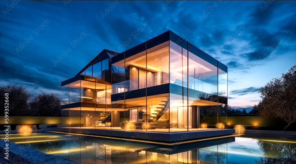 House or structure with a lot of glass. Building form of the future. Generative AI House or structure with a lot of glass. Building form of the future. Generative AI