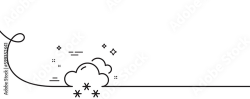 Snow weather forecast line icon. Continuous one line with curl. Clouds with snowflake sign. Cloudy sky symbol. Snow weather single outline ribbon. Loop curve pattern. Vector