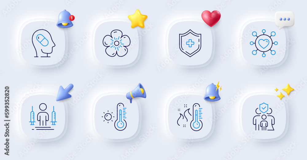 Dating, High thermometer and Medical shield line icons. Buttons with 3d bell, chat speech, cursor. Pack of Coronavirus injections, Depression treatment, Natural linen icon. Vector Dating, High thermometer and Medical shield line icons. Buttons with 3d bell, chat speech, cursor. Pack of Coronavirus injections, Depression treatment, Natural linen icon. Vector
