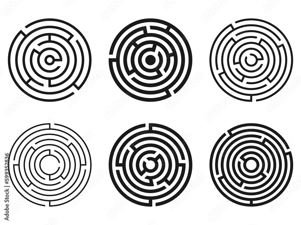 Set of simple black round labyrinths isolated on white background. Illustration on transparent background - obrazy, fototapety, plakaty 