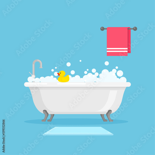 White ceramic bath full of foam with bubbles. Relax bathroom. Shower taps, yellow rubber duck, towel and foot mat. Vector illustration in trendy flat style isolated on blue background.