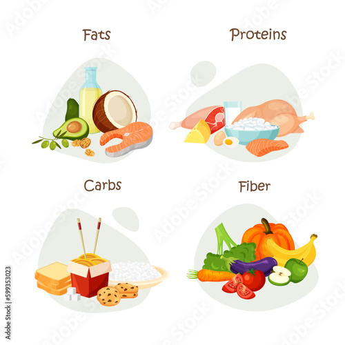 Set of healthy macronutrients. Proteins, fats, fibers and carbs in a food. Nutrient complex diet and wholesome products. Vector illustration in trendy flat style isolated on white background.
