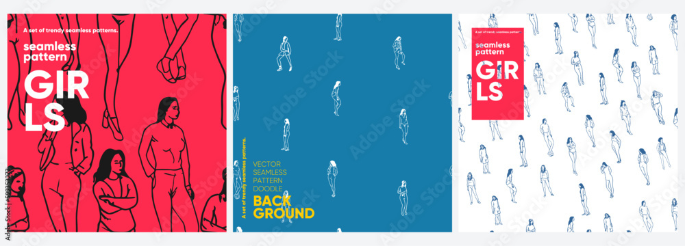 People. Doodles background. A set of vector seamless patterns. Trending illustrations for t-shirt prints, posters, labels, music covers.