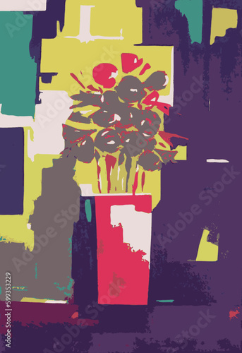 Illustration Vecteur Art Abstrait Contemporain Moderne Peinture Tableau Fleurs Roses Bouquet Vase Multicolore Expression