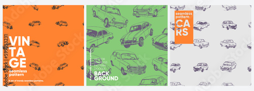 Retro cars pattern. A set of vector seamless patterns. Trending illustrations for t-shirt prints, posters, labels, music covers.
