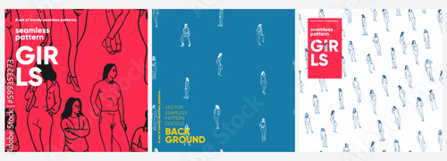 People. Doodles background. A set of vector seamless patterns. Trending illustrations for t-shirt prints, posters, labels, music covers.