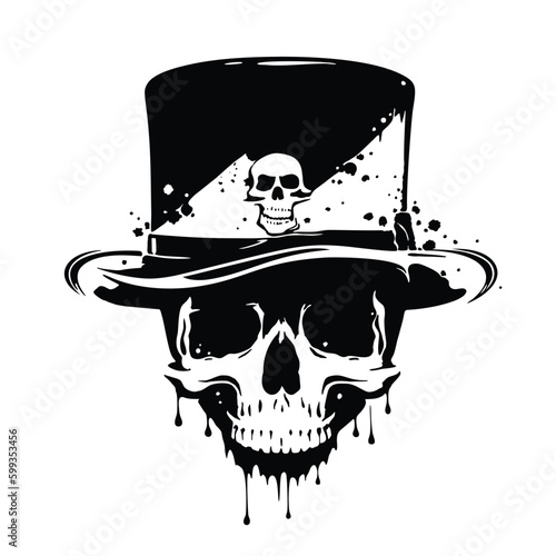 Human skull with blood drops. Vector illustration isolated on white. Brutal terrible skull in a black top hat.