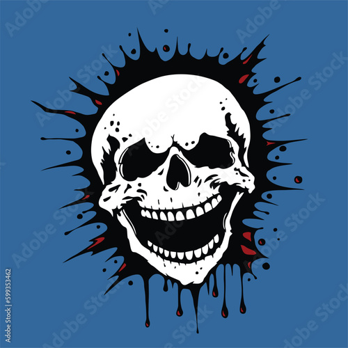 Vector illustration isolated on blue. Human Skull with Mouth Open in Hideous Grin.