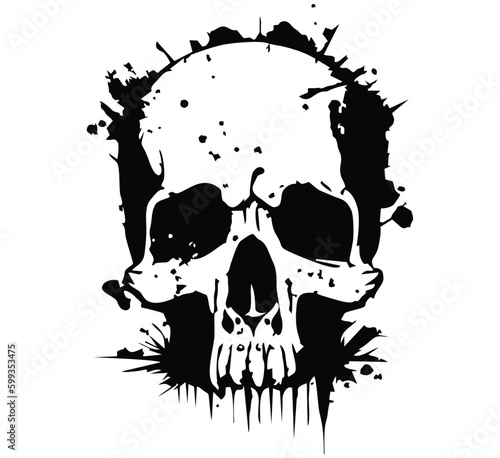 Stylized image of a human skull in grunge style. Vector illustration isolated on white. Line art skull vector tattoo.