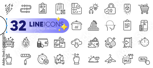 Outline set of Boiling pan, Shopping cart and Qr code line icons for web with Touchscreen gesture, Slow fashion, Launder money thin icon. Cooking timer, Heart flame, Methodology pictogram icon. Vector