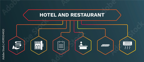 set of hotel and restaurant white filled icons. hotel and restaurant filled icons with infographic template. flat icons such as minibar, agenda, reception, reserved, air conditioner vector.