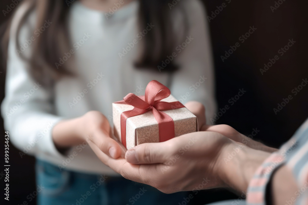Fathers day gift. Little girl offering a present closeup view, Generative AI