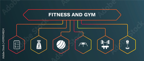 set of fitness and gym white filled icons. fitness and gym filled icons with infographic template. flat icons such as phytonutrients, pilates ball, trampoline, barbell bench press, standing punching