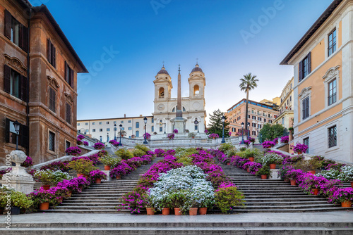 Spanish Steps in the morning with azaleas in Rome, Italy.