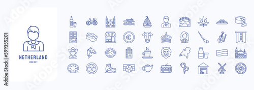 A collection sheet of outline icons for Netherland, including icons like Beer, Bicycle, Canal, Boat and more