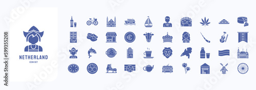 A collection sheet of solid icons for Netherland, including icons like Beer, Bicycle, Canal, Boat and more