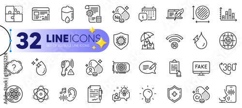 Outline set of Calendar, Atom and Clipboard line icons for web with Voicemail, Diagram graph, Fake news thin icon. Sodium mineral, 5g wifi, Medical shield pictogram icon. Vector