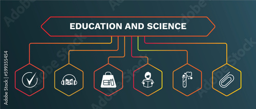 set of education and science white filled icons. education and science filled icons with infographic template. flat icons such as audio book, bag of books, student and books, full test tube,