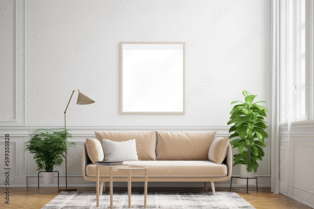 Chic Nordic Living Space with Empty Frame and Verdant Accents Chic Nordic Living Space with Empty Frame and Verdant Accents