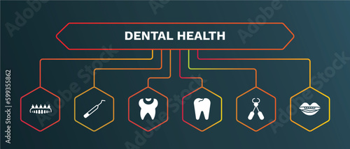 set of dental health white filled icons. dental health filled icons with infographic template. flat icons such as periodontal scaler, dental filling, tooth pliers, oral vector.