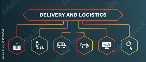 set of delivery and logistics white filled icons. delivery and logistics filled icons with infographic template. flat icons such as delivery man, cargo bus, free monitor, inspection vector.