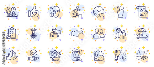 Outline set of Food delivery, Users and Report line icons for web app. Include Drag drop, Like hand, Checklist pictogram icons. Touchscreen gesture, Meeting time, Difficult stress signs. Vector