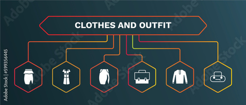 set of clothes and outfit white filled icons. clothes and outfit filled icons with infographic template. flat icons such as lyocell shirt dress, slit skirt, messenger bag, nylon jacket, barrel