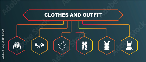 set of clothes and outfit white filled icons. clothes and outfit filled icons with infographic template. flat icons such as ballets flats, lingerine, boyfriend low jean, padded vest, peplum top