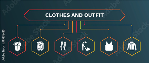 set of clothes and outfit white filled icons. clothes and outfit filled icons with infographic template. flat icons such as oxford wave blazer, women socks, platform sandals, jersey blazer, hooded