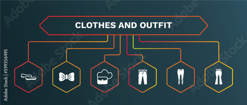 set of clothes and outfit white filled icons. clothes and outfit filled icons with infographic template. flat icons such as bow tie, hobo bag, chi pants, leggins, flare pants vector.