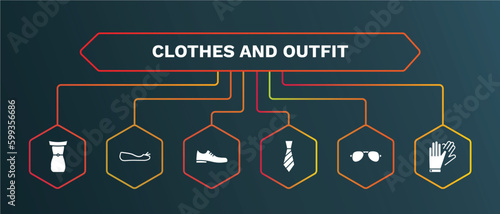 set of clothes and outfit white filled icons. clothes and outfit filled icons with infographic template. flat icons such as flat shoes, leather shoes, tie, pilot sunglasses, leather gloves vector.