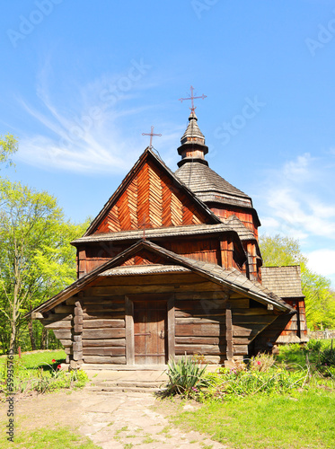 Church of St. Nicholas from the village of Zelenoe (Podolia) in skansen Pirogovo in spring time in Kyiv, Ukraine 