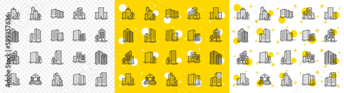 Bank, Hotel, Courthouse. Buildings line icons. City, Real estate, Architecture buildings icons. Hospital, town house, museum. Urban architecture, city skyscraper, downtown. Vector
