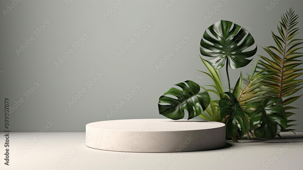 Stone podium for product presentation with tropical leaves background. Generative AI Stone podium for product presentation with tropical leaves background. Generative AI