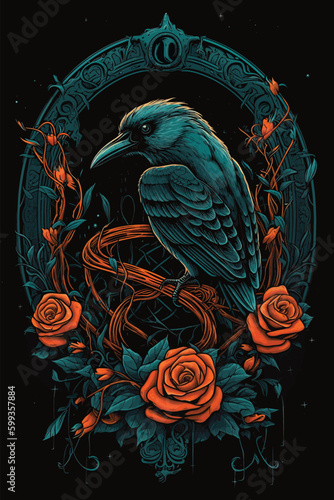 Turquoise crow and retro pattern background. vector illustration. raven and rose.