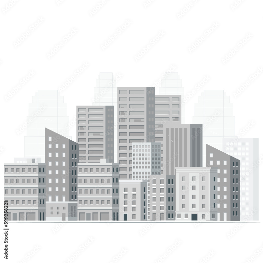 Vector illustration in simple minimal geometric flat style - city landscape with buildings. Light gray cityscape background. City buildings with trees at park view. Monochrome urban landscape.