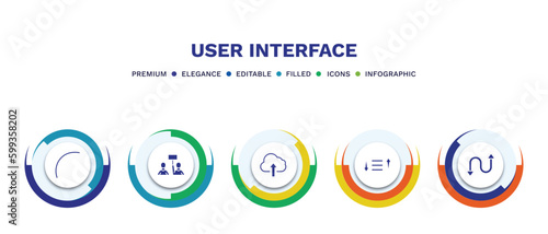 set of user interface filled icons. user interface filled icons with infographic template. flat icons such as curve line, industrial action, cloud upload, sorting, bending vector.