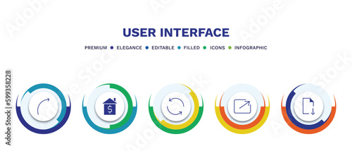 set of user interface filled icons. user interface filled icons with infographic template. flat icons such as curve arrow, house value, refresh button, export arrow, downloading vector.