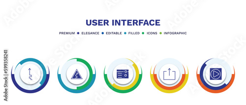 set of user interface filled icons. user interface filled icons with infographic template. flat icons such as arrow heading up, curvy road warning, make, export button, play video button vector.