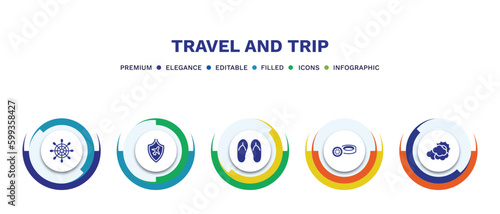 set of travel and trip filled icons. travel and trip filled icons with infographic template. flat icons such as rudder, travel insurance, flip flop, rubber, cloudy vector.