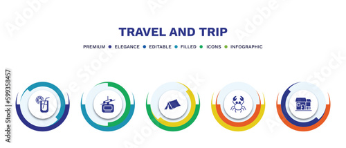 set of travel and trip filled icons. travel and trip filled icons with infographic template. flat icons such as lemonade, cable car, camping tent, crab, bungalow vector.