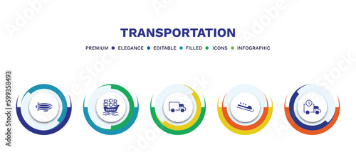 set of transportation filled icons. transportation filled icons with infographic template. flat icons such as blimp, galleon, trucking, bobsleigh, shipping and delivery vector.