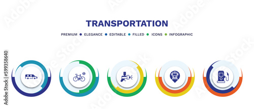 set of transportation filled icons. transportation filled icons with infographic template. flat icons such as long car, bicycle rental, car painting, tram stop, petrol station vector.