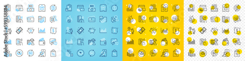 Vector icons set of Payment message, Bid offer and Report line icons pack for web with Fraud, Card, Contactless payment outline icon. Bar diagram, No cash, Bitcoin pictogram. Hot loan. Vector